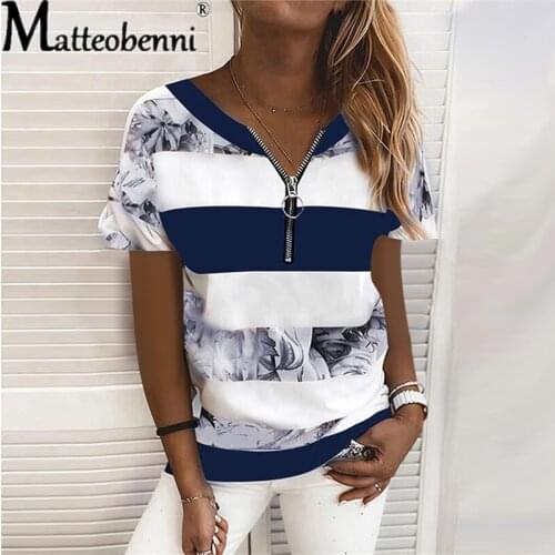 Womens New Fashion Plus Size T-Shirt Sexy V-Neck T-Shirt Zipper Stripe Printed Short Sleeve Casual T-Shirt Loose Street T-Shirt