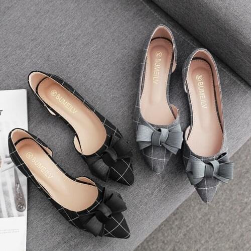 Lattices fabric loafers women shoes spring bowknot flats lady dress shoes pointed toe plaid ballerina shoes woman big size 41-45