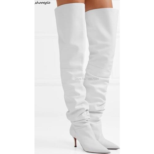 SHOOEGLE White Over Knee Boots Women Pointed Toe Kitten Heels Slip On Thigh High Boots Women Fall Winter Long Boots Runway 2018