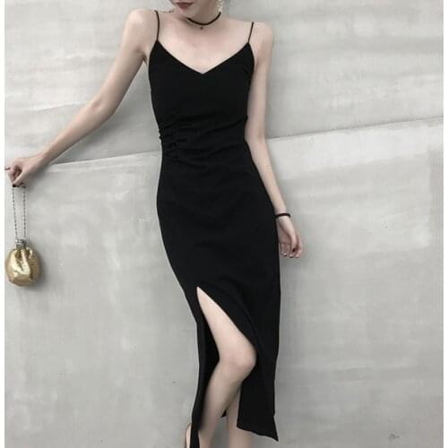 Women Summer Sexy Black Spaghetti Strap Dress Party Night Club Sleeveless Slim Body Base Dress Female Korean Solid Color Dresses