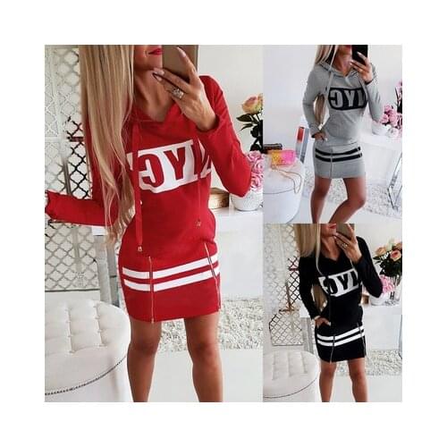 Women Casual Pencil Dress Hooded Zipper Decor O-Neck Long/Short Sleeve Letter Print High Waist Spring Summer Slim Hips Dress