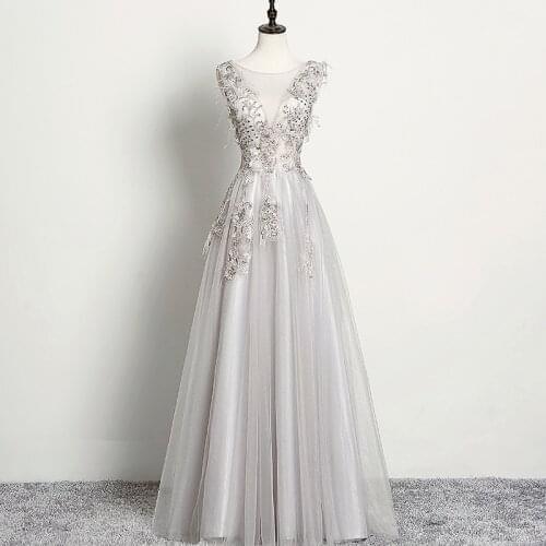 Evening Dress Elegant Sleeveless Embroidery A-Line Empire O-Neck Appliques Floor-Length Backless Party Formal Dresses Woman B951