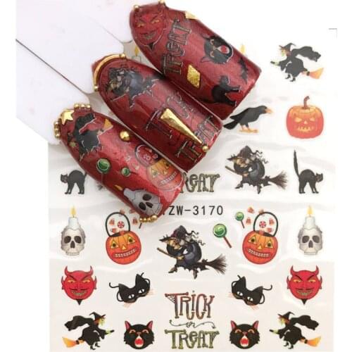 WUF 1PC Nail Stickers Maple Leaf Halloween Water Decal Animal Flower Plant Pattern Sticker Nail Art Decoration