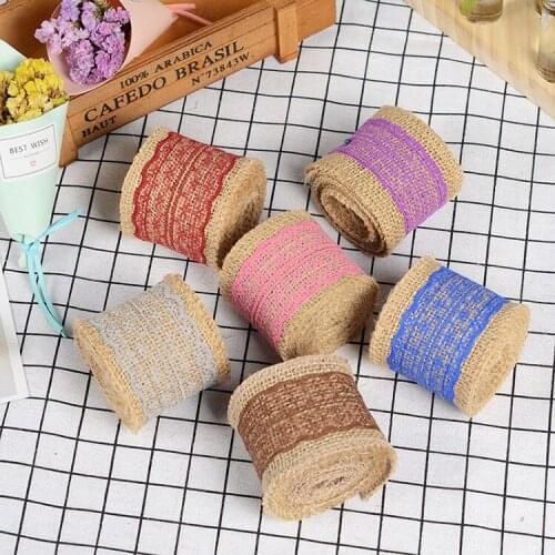 2m/roll 6cm Natural Jute Burlap Hessian Ribbon With Transparent Lace DIY Trim Fabric For Sewing Wedding Decoration Accessories