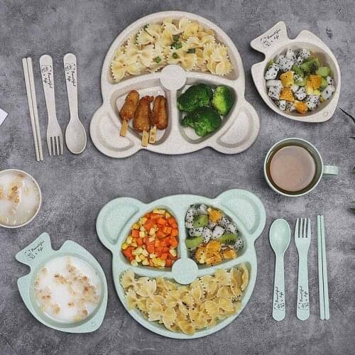 3Pcs Dispensing Baby Dishes+Spoon+Fork Wheat Straw Childrens Tableware Set Bear Feeding Plate Kids Bowl Eating Dinnerware Anti