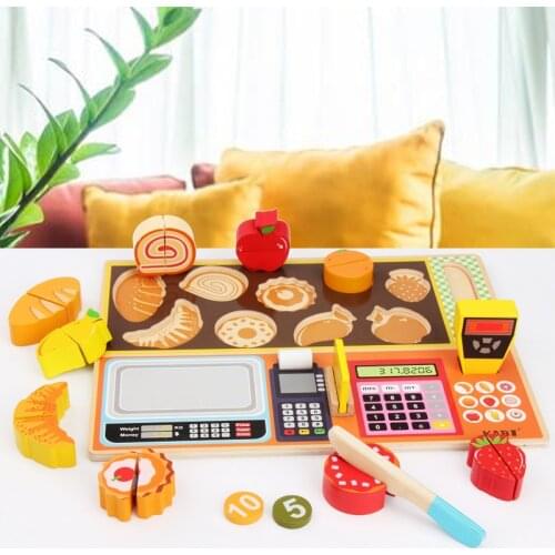 Wooden Simulated Supermarket Checkout Counter Role Kids Cutting Fruit Vegetable Pretend Play Children Early Educational Toy