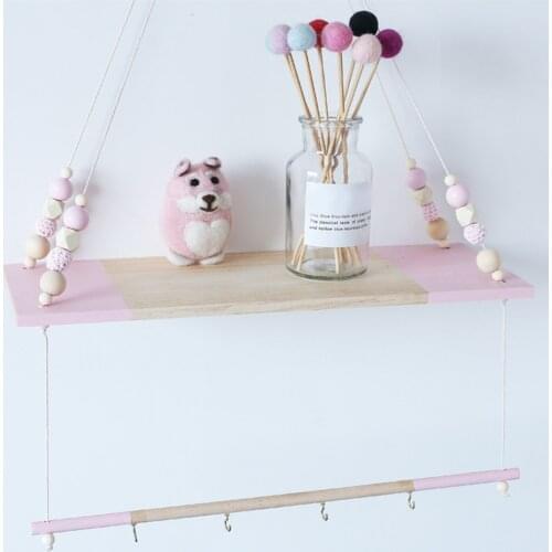 Craft Wood Shelf House Decoration Beads Wall Shelf With Rack Hooks For Key Kids Decorative Storage Shelves Nursery Decoration