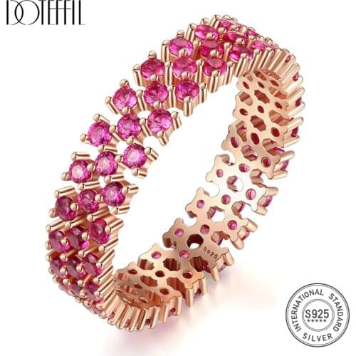 DOTEFFIL New Genuine 925 Sterling Silver Eternity Rings for Women Engagement Wedding Fine Jewelry Round Topaz Gemstone Anillos