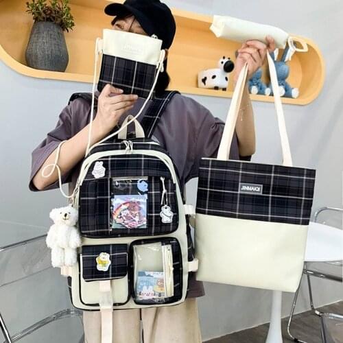 4-piece Set Fashion Womens Backpack Summer Trend Plaid School Bags For Girls Nylon Large-capacity Waterproof Student Scoolbags
