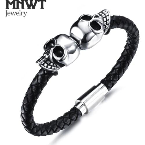 MNWT Black Pink Genuine Leather Skeleton Skull Charm Bracelet Punk Rock jewelry Men Women Woven Leather Rope Jewelry