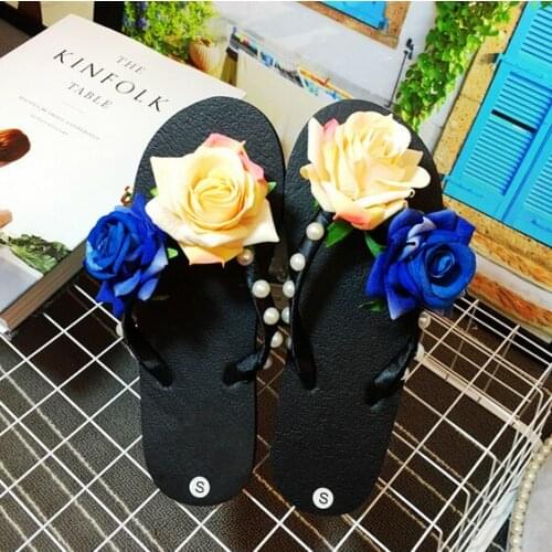 New summer time fashion women handmade Flower thick bottom flip flops casual comfortable wedges beach holiday slippers hot sale