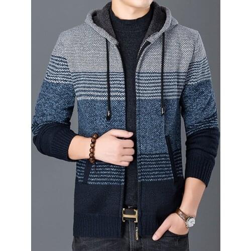 2021 Autumn Korean Hooded Mens Sweater with Thick and Velvet Mens Cardigan Knitted Sweater Coat Patchwork Jacket Male M-3XL