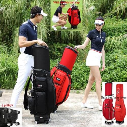 PGM Four-wheel Golf Standard Package Telescopic Men Womens Flat Push Double Ball Cap Aviation Travel Clubs Bag Send Rain Cover
