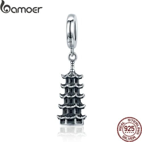 Bamoer Journey Scenic Spots 925 Sterling Silver Retor Pagoda Tower Pendant Charm for Original Silver Bracelet & Necklace SCC1544