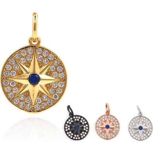 Micro Pave CZ Starburst Coin Pendants, Polaris Charm, DIY Jewelry And Bracelet Necklace Making Supplies 16.8x12.2x2MM
