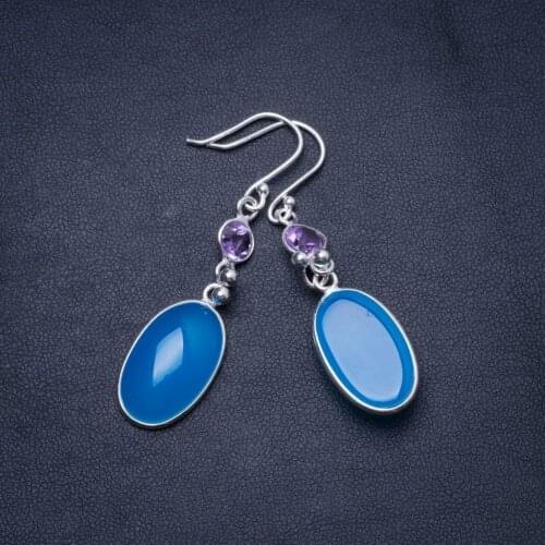Natural Chalcedony and Amethyst Handmade Unique 925 Sterling Silver Earrings 2" Y0241