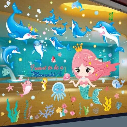 [shijuekongjian] Girl Mermaid Wall Stickers DIY Dolphin Animals Wall Decals for Kids Room Baby Bedroom Nursery House Decoration