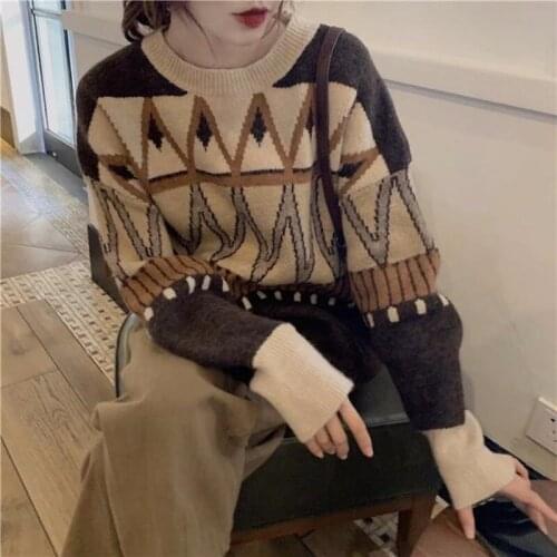 2020 Autumn And Winter New Loose Lazy Rhombus Long-sleeved Sweater Womens Hedging Students Wild Sweater Women