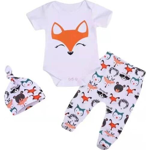 US Infant Baby Girl Boy 0-24M Clothes Print Tops Romper Pants Hat Kids 3Pcs Outfit
