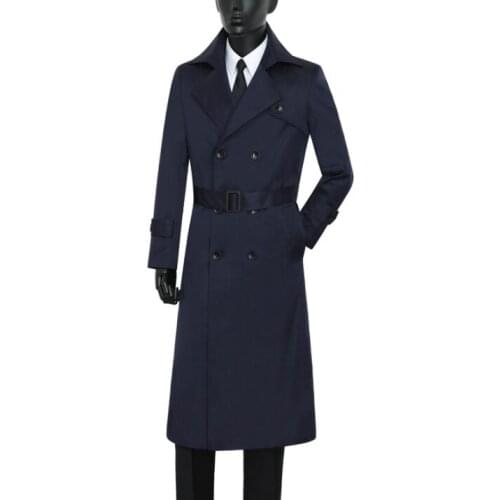 Mens trench coats belt blue spring autumn man double breasted long coat men clothes casual slim fit overcoat long sleeve 9XL