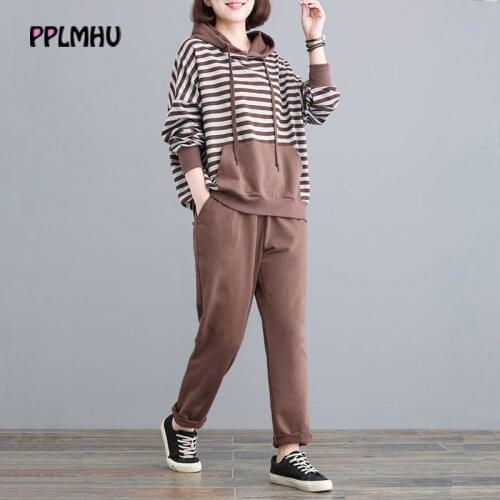 Spring Casual Loose Striped Hooded Sweatshirt And Harem Pants Tracksuit Plus Size 4XL Korean 2 Piece Sets Sweatsuit Women Outfit