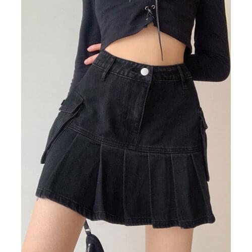High Waist Jean Skirt Aesthetics Black Denim Pleated Skirts with Big Pockets Punk Style A-Line Summer Women Skirt