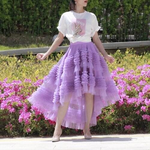 Elegant High Low Tulle Skirt for Women Customized Ruffled Lavender Hi-Low Prom Skirts High Quality Pleated Long Party Skirt Saia