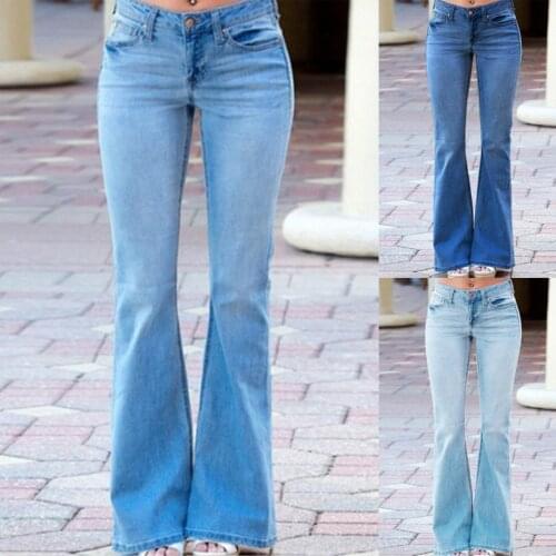 FNOCE 2020 autumn winter womens jeans pants street fashion casual solid mid waist slim elegant denim Flare trouserrs