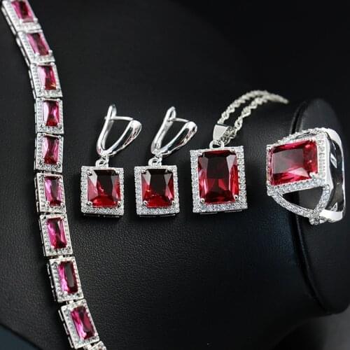 Funmode 4pcs Red Geometric Shape Cubic Zircon Pendant Earring Jewelry Sets For Female Dubai Jewelry Wholesale FS99
