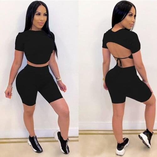 Women Tracksuit 2 Piece Set Summer Short Sleeve Crop Tops and Biker Shorts Solid Matching Sets Female Joggers Sportwear Fitness