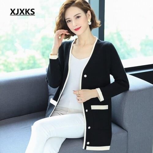 XJXKS Knitted Cardigan Women New Fashion Long Sleeve V Neck Cardigan Single-breasted Knitted Top Jumper Sweater Women