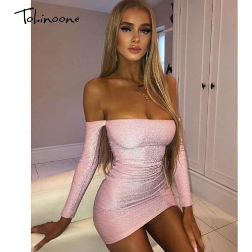 Tobinoone Slash neck bodycon mini dress Long sleeve one piece sexy dress Female autumn winter elegant party club night dress