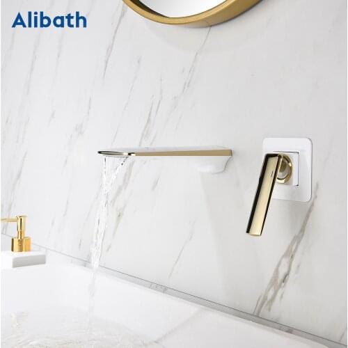Free Shipping Wall Mounted Basin Faucets Waterfall Bathroom Faucet White and Gold Brass Spout Vanity Sink Mixer Tap