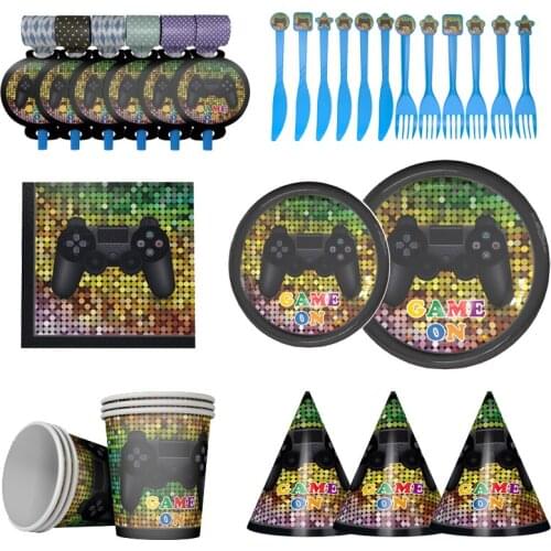 Gamepad Theme Birthday Party Disposable Tableware Set Paper Plates Cups Blowout Straw Game Children Party Decoration Supply