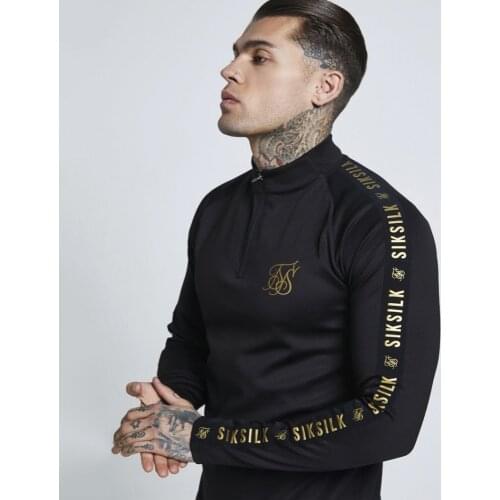 New Fashion Men Sik Silk Embroidery Solid Color Elastic T shirt High Zipper Collar Elastic Long-Sleeved Men Slim Casual T-shirts