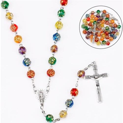 New Fashion Style Mixed Color Roses Plastic Beads Jesus Cross Pendant Rosary Madonna Religious Necklace