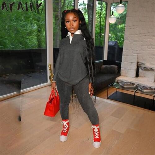 Akaily Autumn Casual Overalls 2 Two Piece Sets Womens Outfits Solid V Neck Long Sleeve T Shirts Long Pants Set Female Streetwear