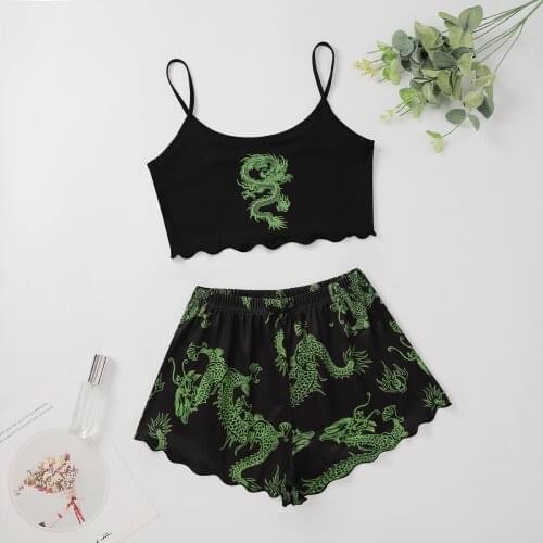 Dragon Print Pajamas for Girls Set Summer Women Sleepwear Long Sleeve Nightgown Female Ladies Sexy Lingerie Pyjamas 2 Pieces