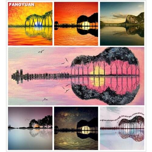 Full Round Square Diamond Mosaic Landscape 5D Diy Diamond Painting Guitar Tree Reflection Home Decor Picture of Rhinestone Gift