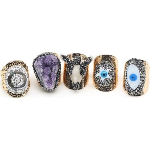 Natural Stone Alloy Rings Evil Eye Charm Amethysts Black Shell Agated for Women Men Party Jewelry Adjustable Trendy Ring Gift