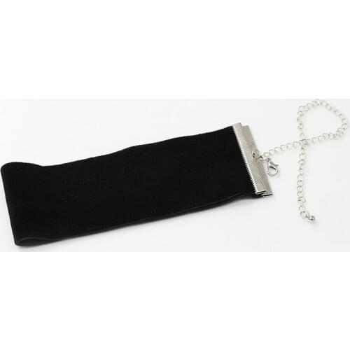 Wide & Thin Flannel Elastic Cloth Black Band Silver Plated Chain Choker Necklace for Women
