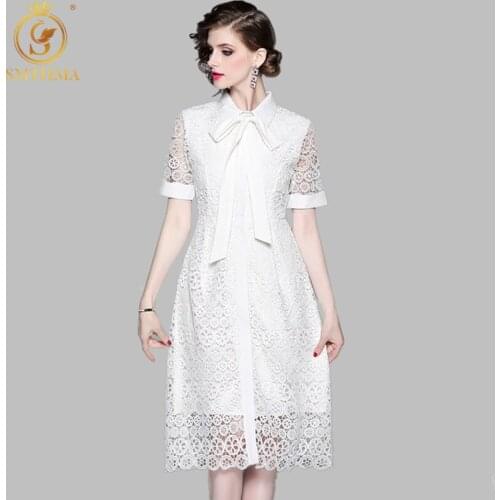 SMTHMA 2021 New Arrival Summer Runway Style Bow Dress Short Sleeve Black White Women Lace Hollow Out Dresses Vestidos