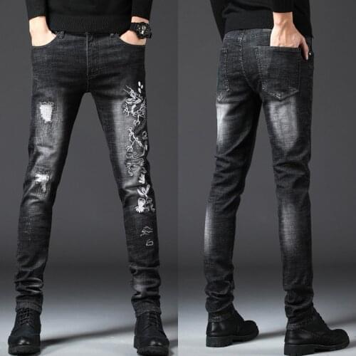 Men’s light luxury classic black jeans dragon embroidery slimming denim pants ripped distressed casual jeans pants