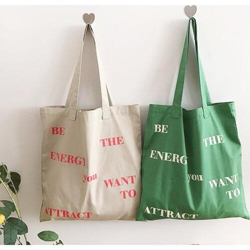 Ladies Canvas Bag Female Fresh English Alphabet Printing Shopping Bag Women Foldable Reusable Handbag Grils Book Bag Casual Tote
