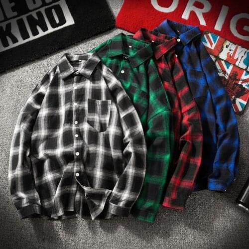 Mens Plaid Shirts Long Sleeve Ulzzang Shirt Harajuku Style Vintage Plaid Shirts Streetwear T Shirts Loose Hip Hop Tops Plus Size