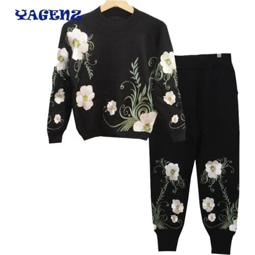 Womens 2 Pieces set Autumn Winter Womens Flower Embroidered Loose Knitted Sweater + Harem Trousers Two Pieces women Pants Set