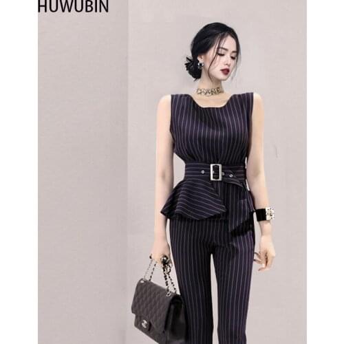 Summer New Womens Korean Style Unique Fashion Temperament Striped Sleeveless Top + High Waist Straight Trousers Two Piece Set