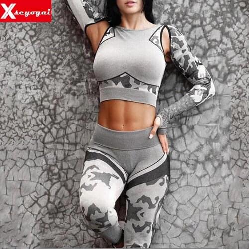 New 2 PCS Womens Yoga Gym Crop Top Compression Exercise Sports Long Sleeve Shirt High Waist Leggings Fitness Sweatpants Clothes