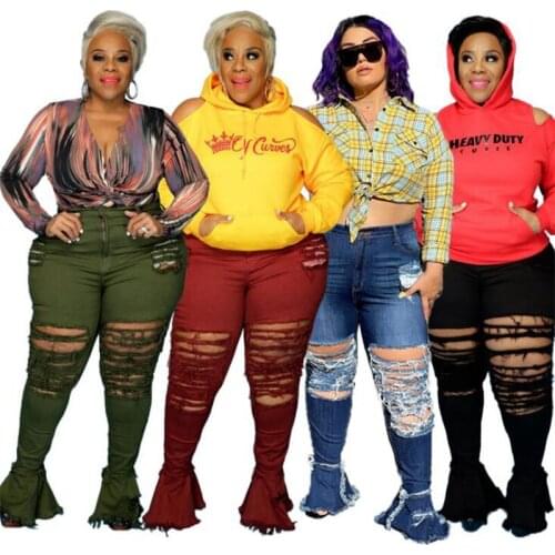 ZKYZWX Plus Size Bodycon Ripped Flare Jeans Sexy Women Clubwear Outfit Vintage Clothes Fall Streetwear High Waist Denim Trousers