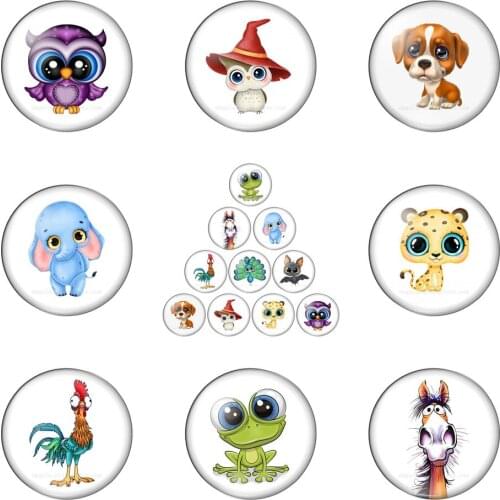 Cartoon Cute Animals Dog Horse Owl 10pc Mixed 12mm/18mm/20mm/25mm/30mm Round Photo Glass Cabochon Demo Flat Back Making Findings